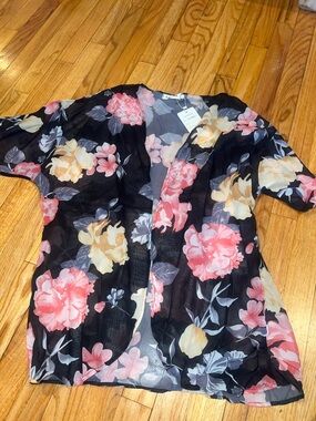 Lily Black Sheer Floral Kimono with Pink & Cream Blooms